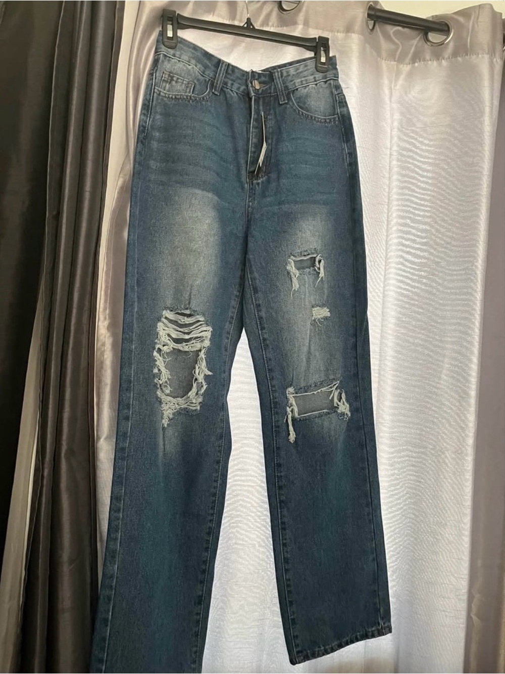 Fashion Nova Distressed High-Rise Dark Blue Straight Jeans